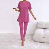 Women's Solid Spring/Summer Casual Short-Sleeve Ribbed Top and Pant Two-Piece Set