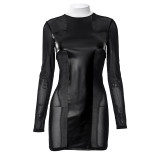 Women's Spring See-Through Mesh Patchwork Pu Leather Dress