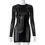 Women's Spring See-Through Mesh Patchwork Pu Leather Dress