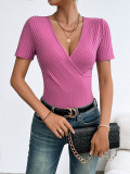 Women's Elegant Ribbed Short-Sleeve V-Neck T-Shirt