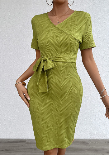 Women's Spring/Summer Sexy Tie-Waist V-Neck Short-Sleeve Bodycon Dress