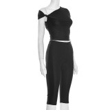 Women's Sexy Solid Slash Shoulder Knot Top and Pant Two-Piece Set