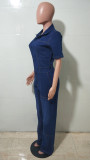 Women's Streetchy Washed Denim Short-Sleeve Wide-Leg Bell Bottom Jumpsuit