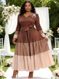 Plus Size African Women's Pleated Color Block Elegant Maxi Dress
