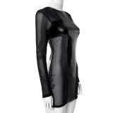 Women's Spring See-Through Mesh Patchwork Pu Leather Dress