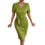 Women's Spring/Summer Sexy Tie-Waist V-Neck Short-Sleeve Bodycon Dress