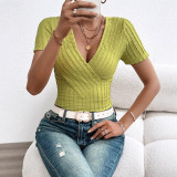 Women's Elegant Ribbed Short-Sleeve V-Neck T-Shirt