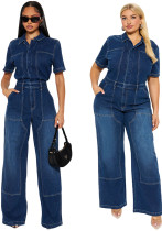 Women's Streetchy Washed Denim Short-Sleeve Wide-Leg Bell Bottom Jumpsuit