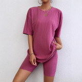 Women's Casual Solid Spring Round Neck Top and Shorts Two-Piece Set