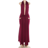 Women's Winter Sexy Halter Neck V Neck Backless Slit Solid Dress