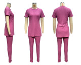 Women's Solid Spring/Summer Casual Short-Sleeve Ribbed Top and Pant Two-Piece Set