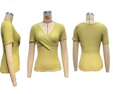 Women's Elegant Ribbed Short-Sleeve V-Neck T-Shirt