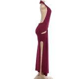 Women's Winter Sexy Halter Neck V Neck Backless Slit Solid Dress
