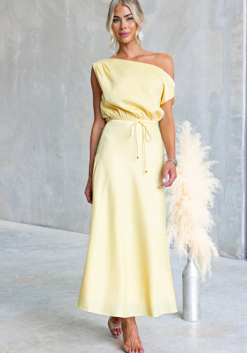 Women's Summer Slash Shoulder Sexy Solid Tie-Waist Dress