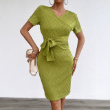 Women's Spring/Summer Sexy Tie-Waist V-Neck Short-Sleeve Bodycon Dress