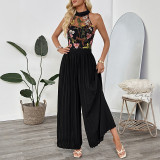 Women's Summer Sleeveless See-Through Halter Neck Sleeveless Lace Embroidered Patchwork Pleated Wide-Leg Jumpsuit