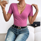 Women's Elegant Ribbed Short-Sleeve V-Neck T-Shirt