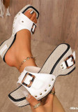 Plus Size Women's Summer Chunky Heel Metal Buckle Sandals Strappy Beach Sandals