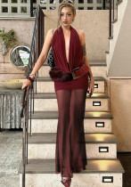 Women's Sexy V Neck Backless Top and Mesh Skirt Two-Piece Set