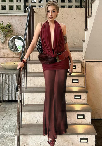 Women's Sexy V Neck Backless Top and Mesh Skirt Two-Piece Set