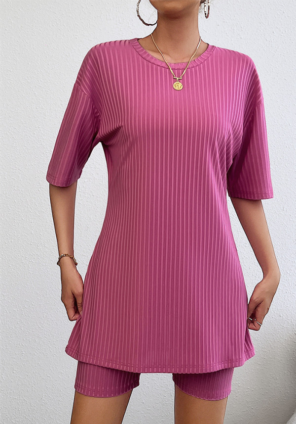 Women's Casual Solid Spring Round Neck Top and Shorts Two-Piece Set