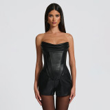 Women's Winter Pu Leather Pleated Fishbone Lace-Up Strapless Top