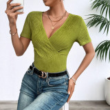 Women's Elegant Ribbed Short-Sleeve V-Neck T-Shirt