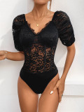 Women's Summer Lace Solid Sexy Short-Sleeve Jumpsuit