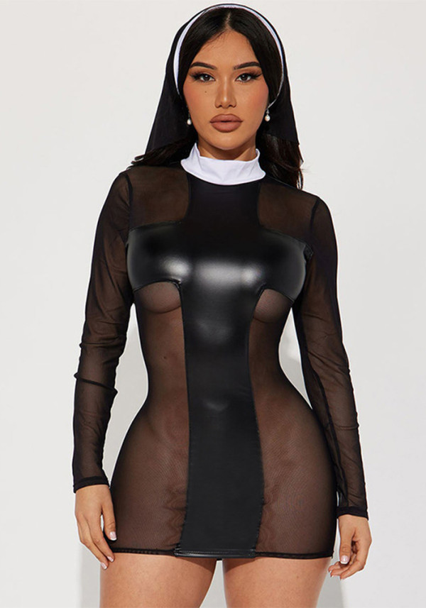 Women's Spring See-Through Mesh Patchwork Pu Leather Dress