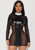 Women's Spring See-Through Mesh Patchwork Pu Leather Dress Women's Spring See-Through Mesh Patchwork Pu Leather Dress