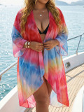 Plus Size Women's Tie-Dye Print Irregular Three-Quarter Sleeve Mesh Beach Jacket