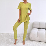Women's Solid Spring/Summer Casual Short-Sleeve Ribbed Top and Pant Two-Piece Set