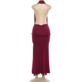 Women's Winter Sexy Halter Neck V Neck Backless Slit Solid Dress