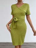 Women's Spring/Summer Sexy Tie-Waist V-Neck Short-Sleeve Bodycon Dress