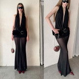 Women's Sexy V Neck Backless Top and Mesh Skirt Two-Piece Set