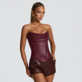 Women's Winter Pu Leather Pleated Fishbone Lace-Up Strapless Top