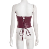 Women's Winter Pu Leather Pleated Fishbone Lace-Up Strapless Top