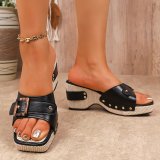 Plus Size Women's Summer Chunky Heel Metal Buckle Sandals Strappy Beach Sandals