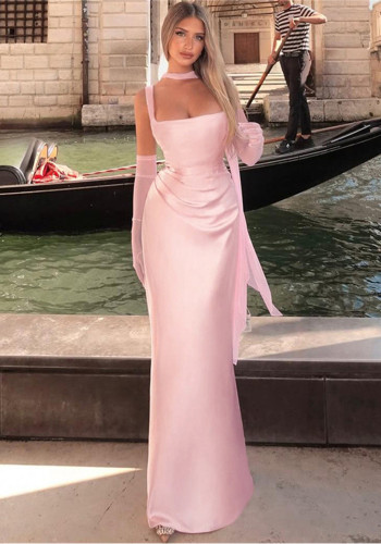 Women's Solid Scarf Neck Backless Pleated Dress