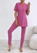 Women's Solid Spring/Summer Casual Short-Sleeve Ribbed Top and Pant Two-Piece Set