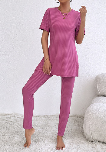 Women's Solid Spring/Summer Casual Short-Sleeve Ribbed Top and Pant Two-Piece Set