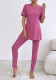 Women's Solid Spring/Summer Casual Short-Sleeve Ribbed Top and Pant Two-Piece Set