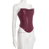 Women's Winter Pu Leather Pleated Fishbone Lace-Up Strapless Top