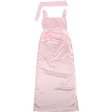 Women's Solid Scarf Neck Backless Pleated Dress