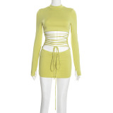 Women's Winter Solid Round Neck Hollow-out Lace-up Long-sleeved Bodycon Dress