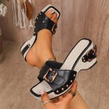 Plus Size Women's Summer Chunky Heel Metal Buckle Sandals Strappy Beach Sandals