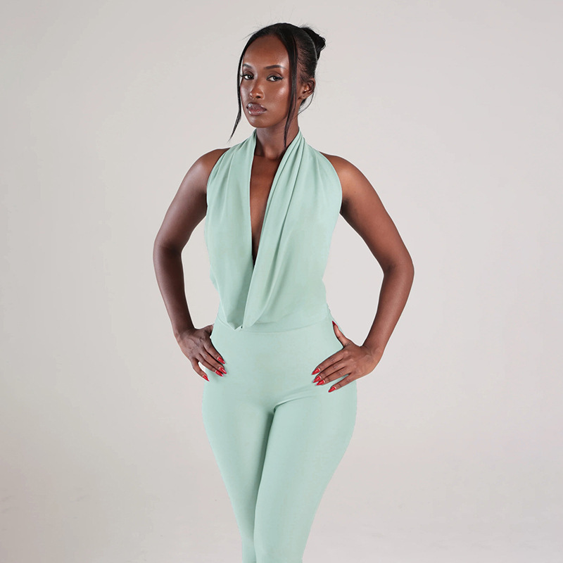 Draped Neck Backless Tie-Up Jumpsuit for Summer Evenings