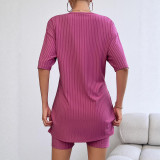 Women's Casual Solid Spring Round Neck Top and Shorts Two-Piece Set