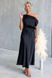 Women's Summer Slash Shoulder Sexy Solid Tie-Waist Dress