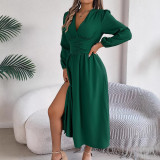 Women's Spring/Summer Solid V-Neck Long-Sleeve Sexy Slit Dress